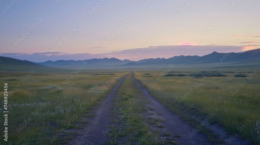 Scenic view of a dirt road in a grassy field with mountains in the background. Suitable for travel and nature concepts