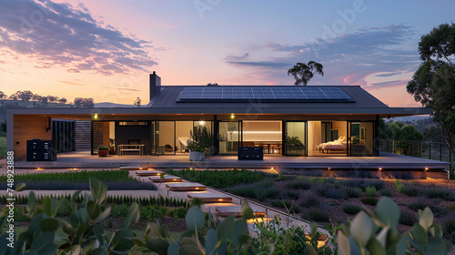 Dusk settles on a modern home solar panels gleaming storage batteries lined neatly Ecosustainability meets design © Thanakorn