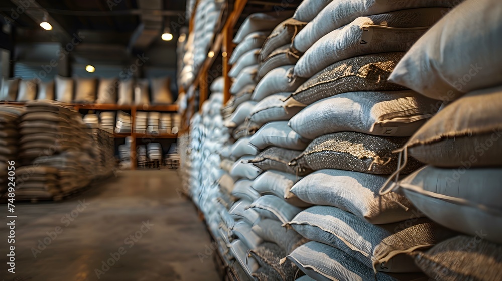 Piles of white bags filled with grain neatly arranged in warehouse. Concept Grain Storage, Warehouse Organization, Agricultural Storage Solutions