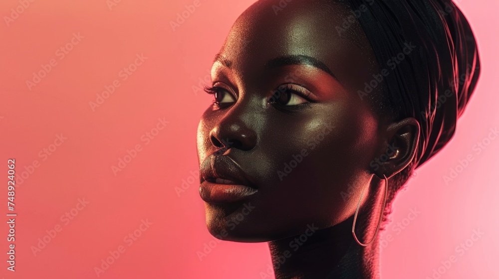 A close-up portrait of an African woman against a vibrant pink background, her skin glowing with a subtle sheen, exuding tranquility and confidence A close-up portrait of an African woman against a vibrant pink background, her skin glowing with a subtle sheen, exuding tranquility and confidence