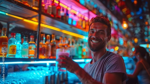 A man is smiling behind a drinkware of alcoholic beverage at a city bar photo