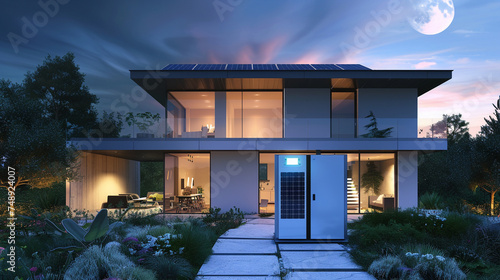 Solar power storage units mounted on the side of a modern house at dusk showcasing renewable energy solutions