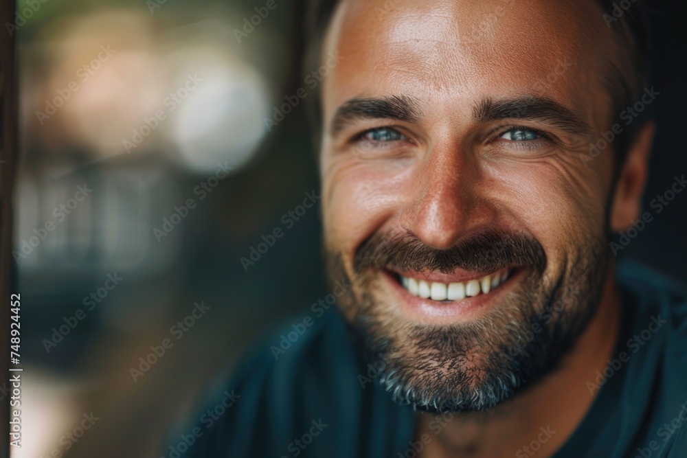 A man with a beard smiling at the camera. Suitable for various projects
