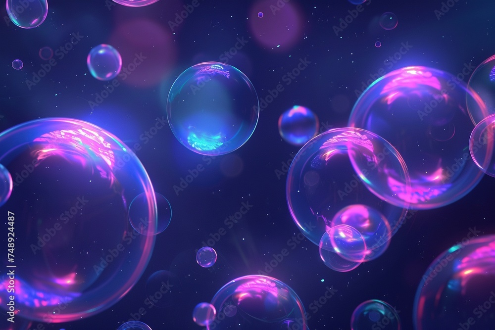 Electric Dreams: Serene Setting of Neon Bubbles on a Minimalistic Dark Blue Background