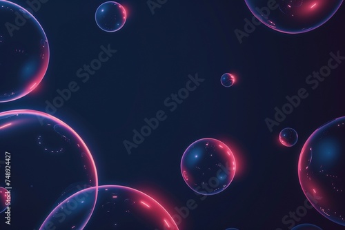 Azure Aura: Tranquil Scene with Neon Bubbles Drifting in a Minimalistic Dark Blue Isolated Background