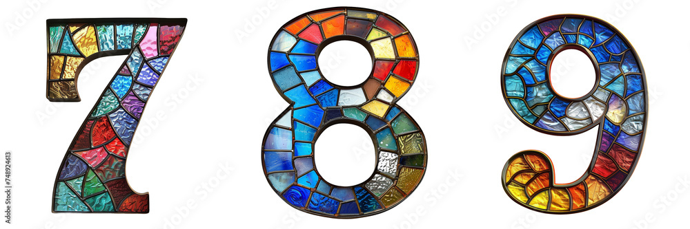 Fototapeta premium Stained Glass Numbers 7 8 9 Isolated on Transparent or White Background, PNG