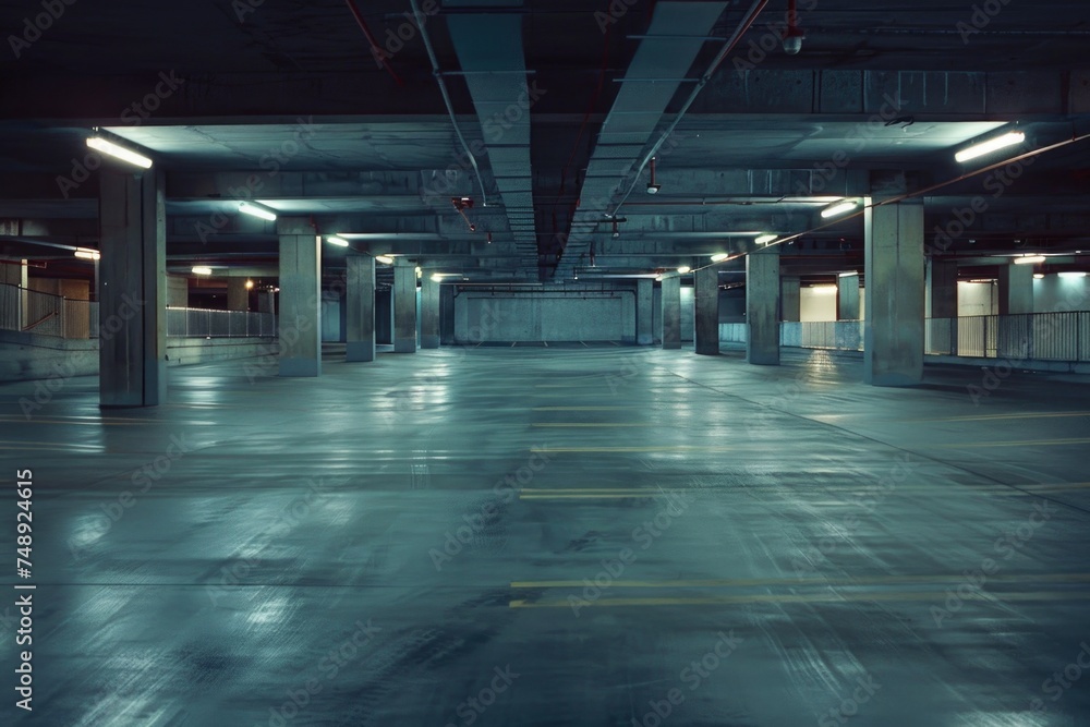 An empty parking garage with yellow lines on the floor. Suitable for urban and transportation concepts