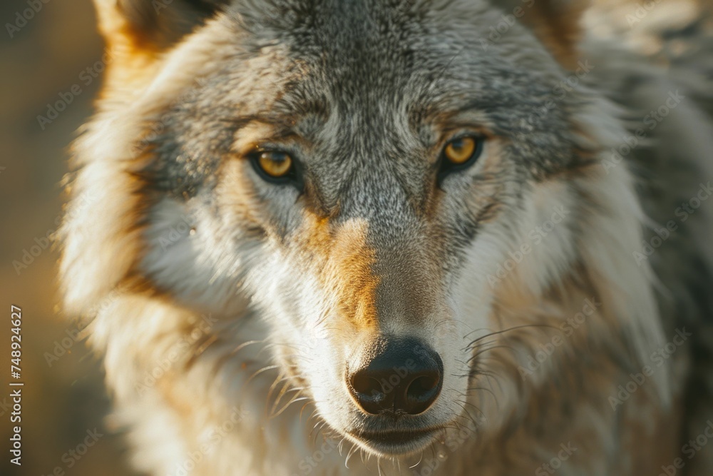 Intense close-up of a wolf staring directly at the camera. Perfect for wildlife and nature themes
