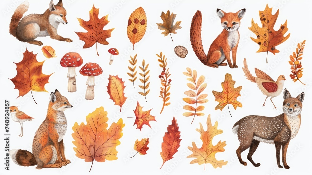 Group of animals surrounded by leaves, suitable for nature-themed designs Group of animals surrounded by leaves, suitable for nature-themed designs