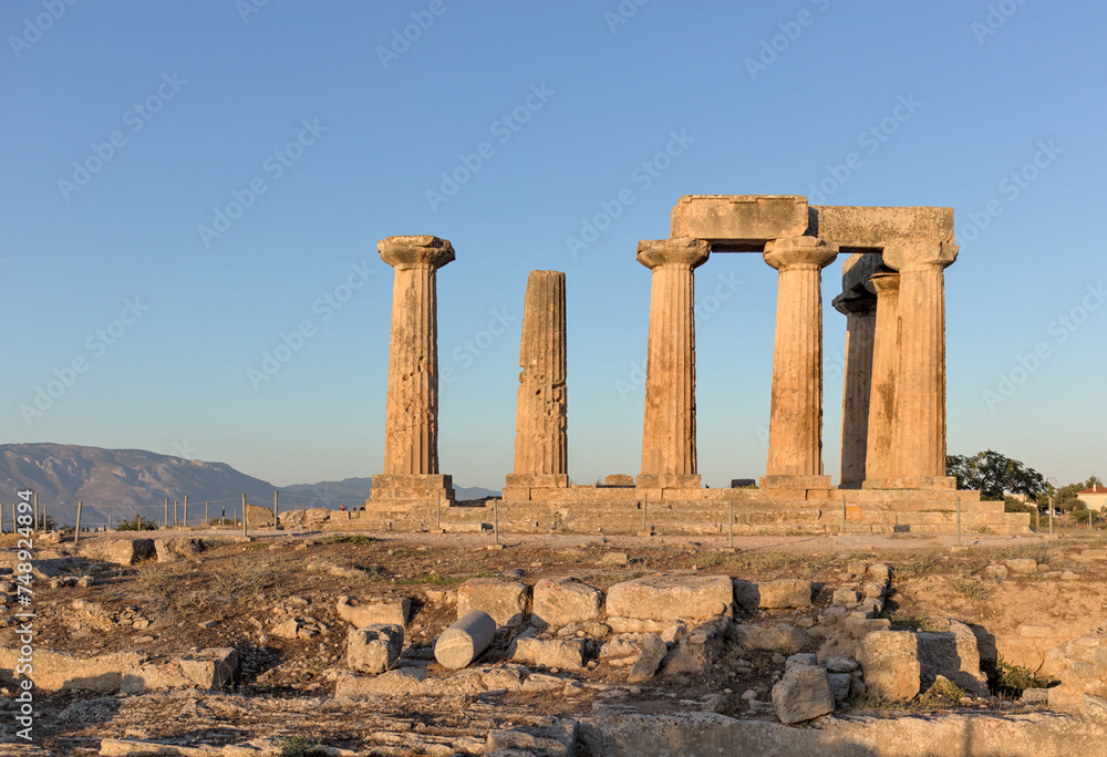 Temple of Apollo ruins in Ancient Corinth, Greece.  Details of columns, pillars, doric architecture.