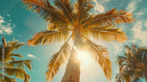Bright sun shining through tropical palm tree, ideal for travel and vacation concepts © Fotograf