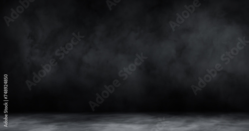 Empty dark abstract cement wall and studio room with smoke float up interior texture for display products wall background © Rachanon