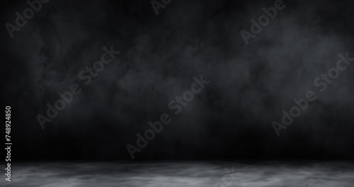 Empty dark abstract cement wall and studio room with smoke float up interior texture for display products wall background 