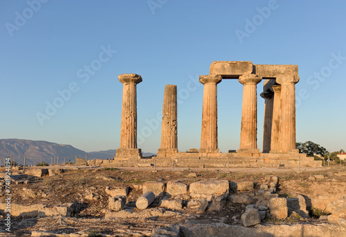 Temple of Apollo ruins in Ancient Corinth, Greece. Details of columns, pillars, doric architecture.