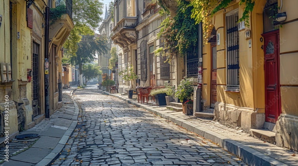Obraz premium A picturesque cobblestone street in a European city. Ideal for travel publications