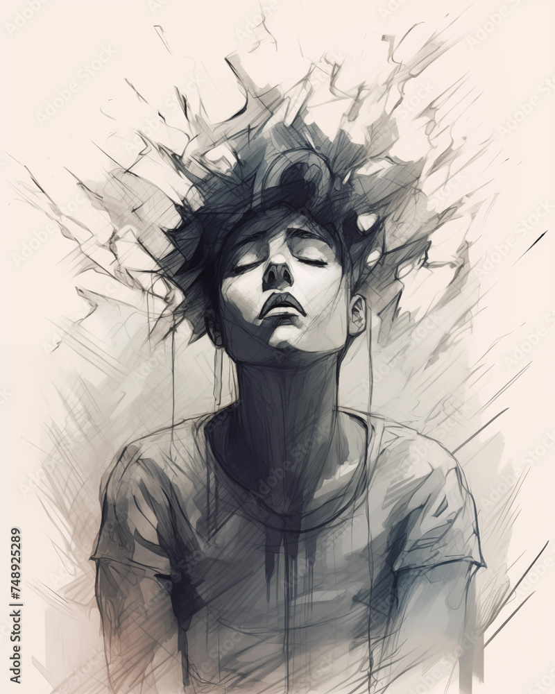 Fototapeta premium mental health prevention sketch drawing - identity crisis, mood swing, sardanes and sorrow, boredom - androgyne confusion illustration