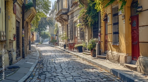 A picturesque cobblestone street in a European city. Ideal for travel publications