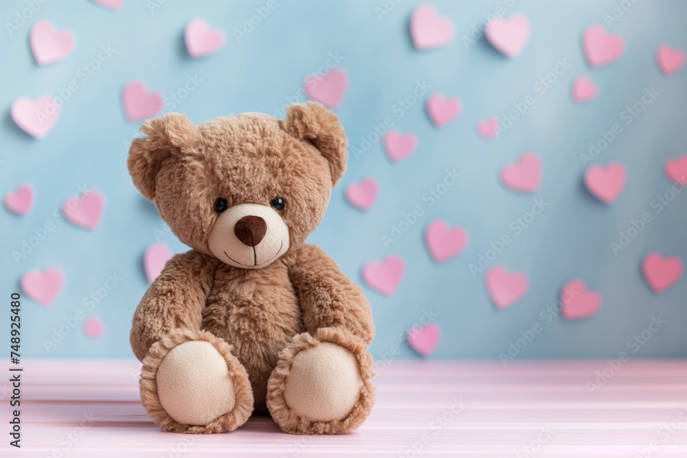 Cheerful and funny Valentine's Day card with fluffy teddy bear and paper hearts in the background. Cheerful and funny Valentine's Day card with fluffy teddy bear and paper hearts in the background.