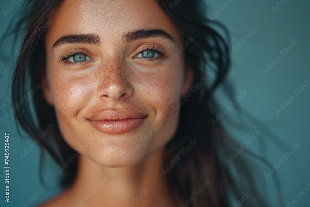 Close up of a woman with freckles on her face, suitable for beauty and skincare concepts Close up of a woman with freckles on her face, suitable for beauty and skincare concepts