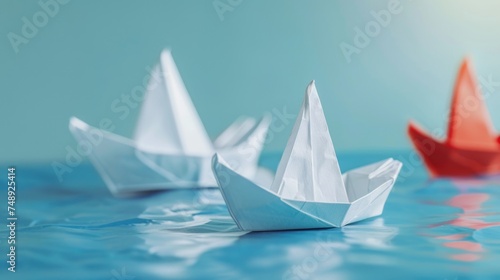 Paper boats floating on calm water, suitable for summer themes or childhood memories photo