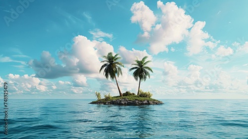 A serene view of a small island with two palm trees in the middle of the ocean. Perfect for travel and vacation concepts
