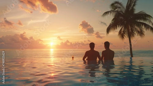 Two people sitting in a pool watching the sun set. Perfect for travel and leisure concepts © Fotograf