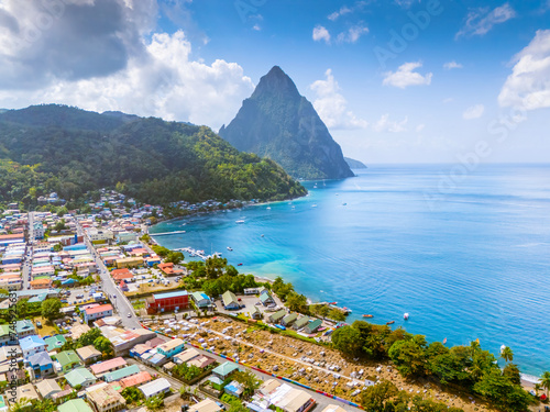 Piton Mountain Aerial Views.Soufriere Bay and Beach...Soufriere, Saint Lucia, .West Indies, Eastern Caribbean