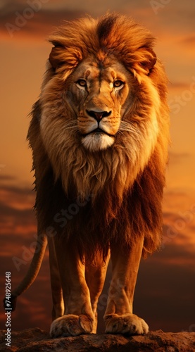 a lion standing in front of a sunset © Alex