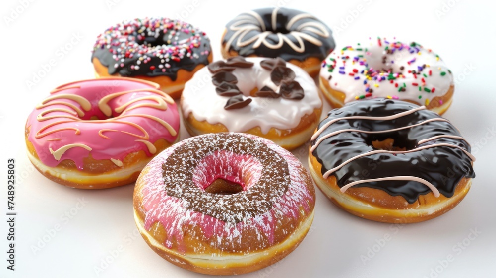 A variety of delicious doughnuts on a clean white background. Perfect for bakery or dessert concepts