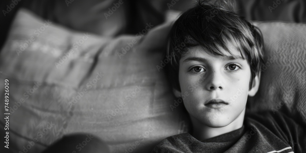 A young boy relaxing on a couch. Suitable for lifestyle or relaxation concepts