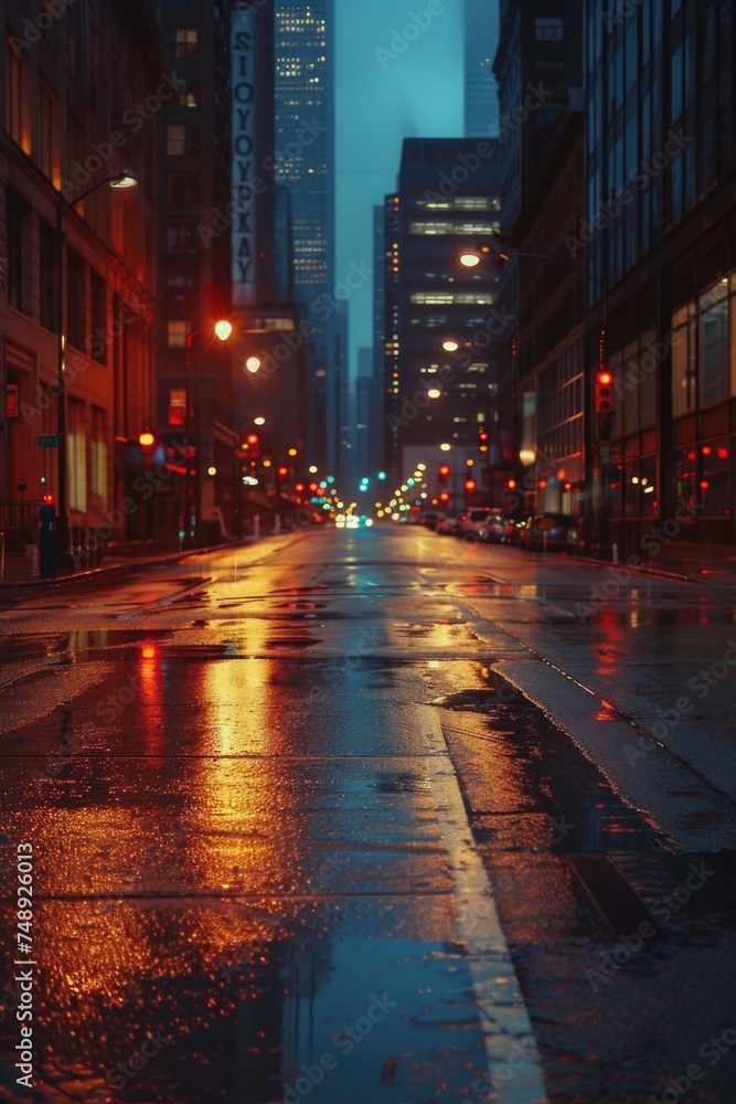 City street at night with wet pavement and glowing street lights. Perfect for urban landscapes