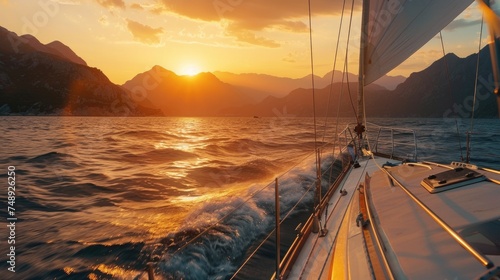 A beautiful sailboat sailing as the sun sets over the water. Perfect for travel and adventure themes
