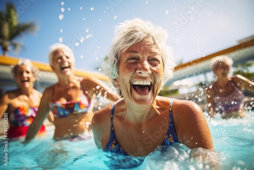 A group of older women are laughing and splashing in a pool. Scene is joyful and lighthearted © Eomer2010
