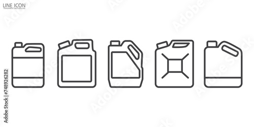 Jerry cans of oil icon set. Canister icons set. Fuel tank icon. Gasoline icon, Black linear canister icon. Petrol signs. Car petrol symbol. Gallon. Auto industry. Vector illustration.