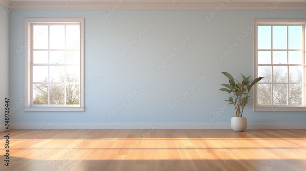 Fototapeta premium Spacious and Bright Empty Room with Blue Walls, Hardwood Floor, and a View from the Window