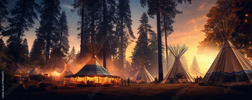 Teepee tent in the middle of calm nature with lot of high trees in the night, banner. Generative Ai.