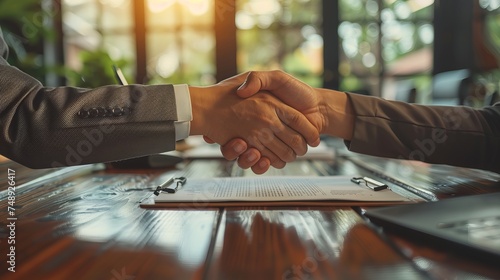 Two businessmen clasp hands across a polished hardwood table photo