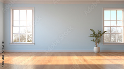 Spacious and Bright Empty Room with Blue Walls, Hardwood Floor, and a View from the Window