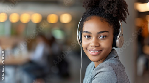 Cheerful young woman wearing a headset and working at a computer, in a customer service or call center environment. photo