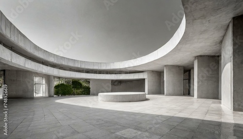 Empty abstract architecture building in minimal concrete design with open space floor courtyard white podium and curved walls museum plaza as wide display showroom mockup environment background png