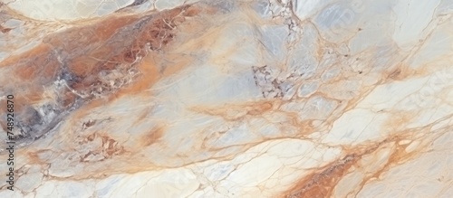 A detailed view of a marble surface featuring brown and white colors, showcasing the intricate patterns and textures of the stone slab.