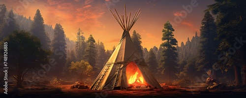 Teepee tent in the middle of calm nature with lot of high trees in the night, banner. Generative Ai. photo