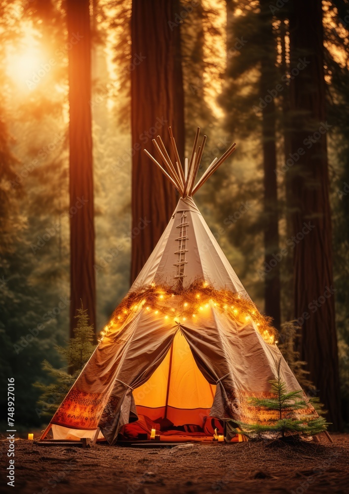 Teepee tent in the middle of calm nature with lot of high trees in the night. Generative Ai. Teepee tent in the middle of calm nature with lot of high trees in the night. Generative Ai.