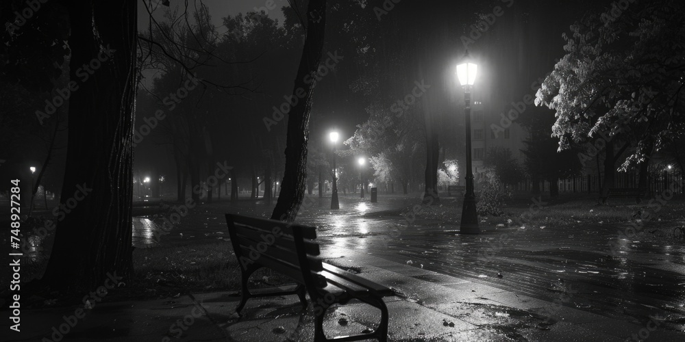 A black and white photo of a park bench in the rain. Suitable for various outdoor themed designs - obrazy, fototapety, plakaty 
