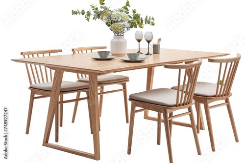 A wooden table with four chairs and a vase of flowers. Ideal for home decor or interior design projects