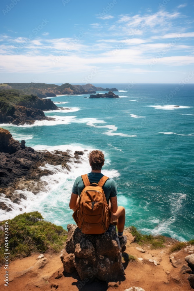 A backpacker sitting at the edge of a cliff, gazes out at the vast expanse of the ocean below