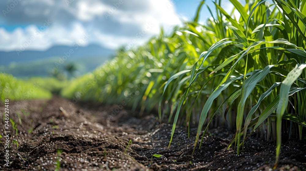 Sugar Cane Closeup: Lush Plantation in the Background. Concept Agriculture, Crops, Rural Life, Farming, Harvest Sugar Cane Closeup: Lush Plantation in the Background. Concept Agriculture, Crops, Rural Life, Farming, Harvest