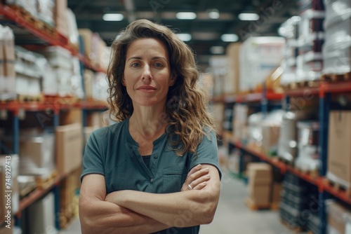 A woman standing with crossed arms in a warehouse. Suitable for business and industrial concepts