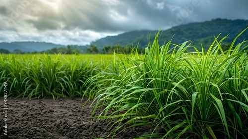 Closeup of sugar cane with lush plantation in the background. Concept Agriculture, Farming, Sugarcane, Plantation, Closeup Shot