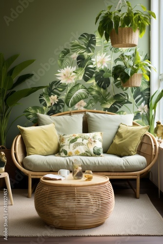 A botanical-themed living room with leafy wallpaper, rattan furniture, and botanical prints